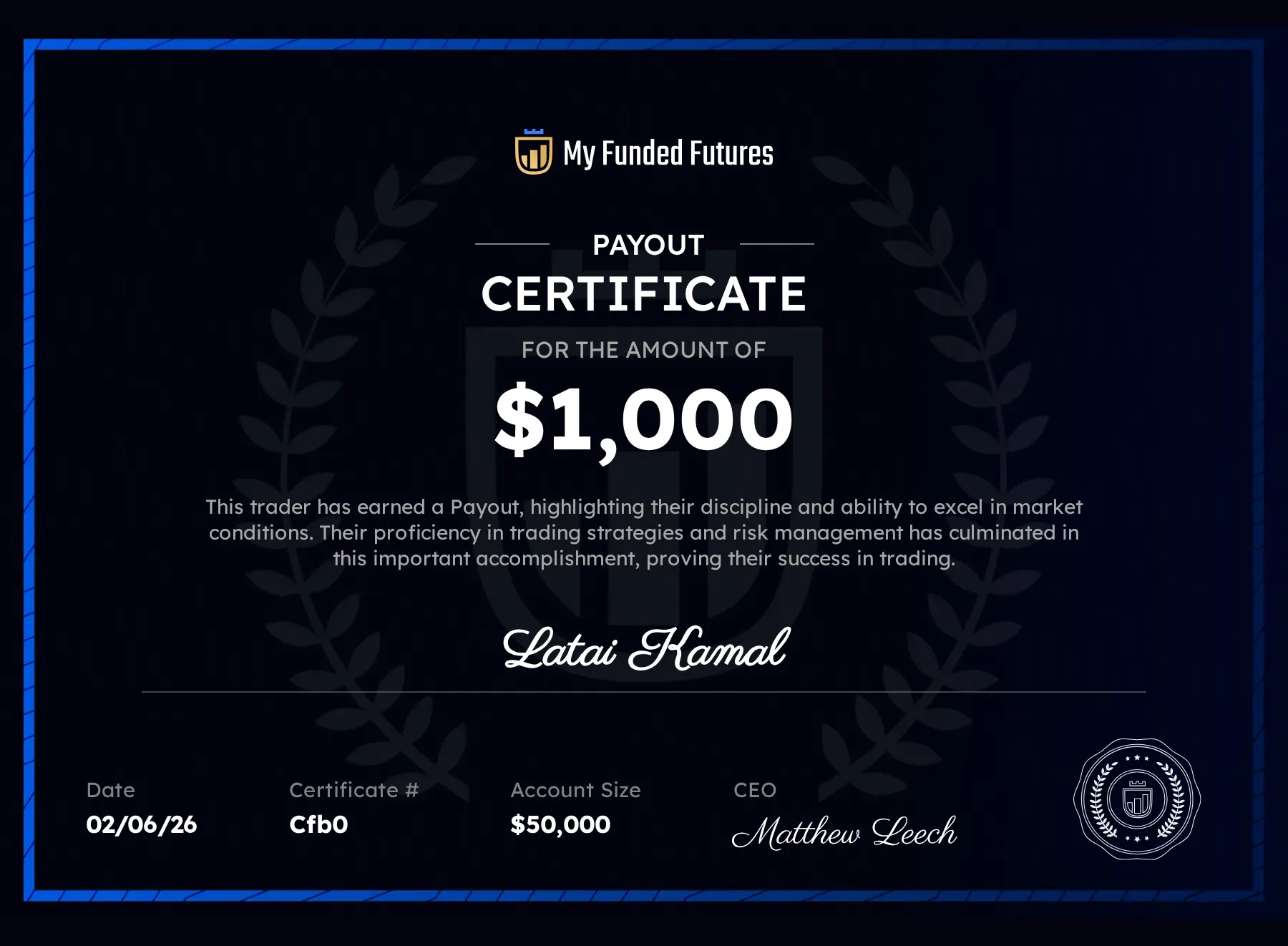 My Funded Futures Payout Certificate — $1,000 — Latai Kamal — PropFirm Key