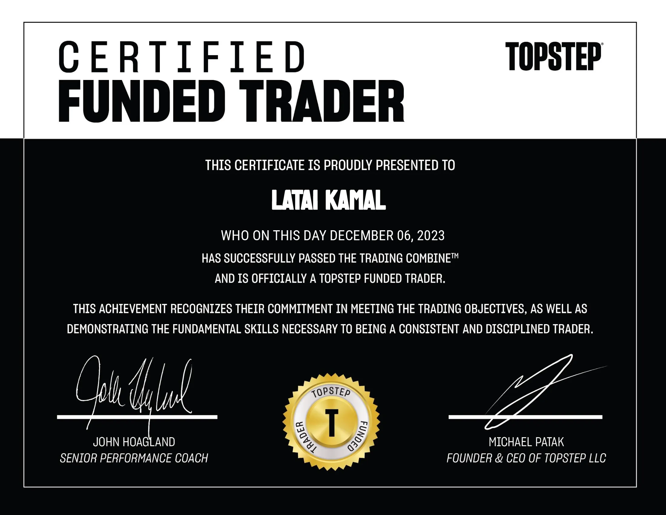 Topstep Certified Funded Trader — Latai Kamal — PropFirm Key